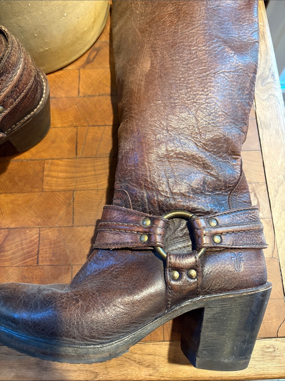 Frye Brown Leather Mid-Calf Harness Heeled Boots